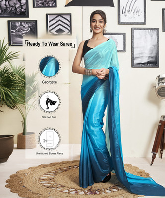 Satrani Dyed, Solid/Plain Bollywood Georgette Saree(Blue, Light Blue)