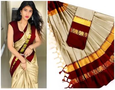 Mortal Textile Animal Print Assam Silk Cotton Silk Saree(Beige)