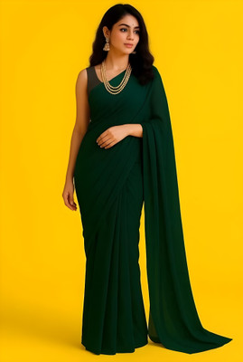 BS CREATION Solid/Plain Daily Wear Georgette Saree(White)