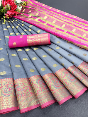 KANGLI Woven Banarasi Cotton Silk Saree(Grey, Pink)