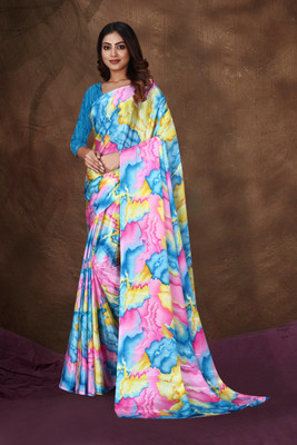 jihana fab Printed Banarasi Chiffon, Silk Blend Saree(Blue)