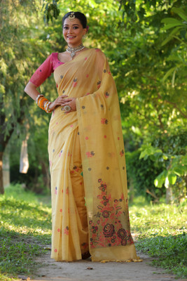 Tasrika Woven Banarasi Cotton Silk Saree(Yellow)