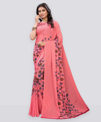 Samah Printed, Geometric Print, Floral Print, Graphic Print, Polka Print, Blocked Printed Daily Wear Georgette Saree(Pink)