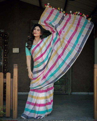 STAVA CREATION Printed Bollywood Linen Saree(Multicolor)