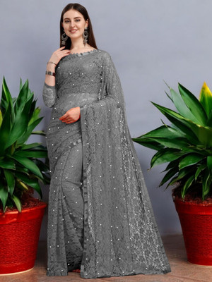 NORAFLEX Embroidered Bollywood Net Saree(Grey)