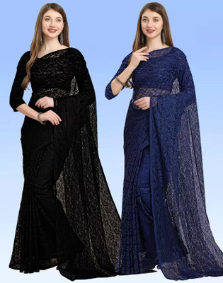 Vragi Woven Bollywood Net Saree(Pack of 2, Black, Dark Blue)