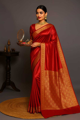 Afronza Woven, Solid/Plain Bollywood Satin, Silk Blend Saree(Red, Silver)
