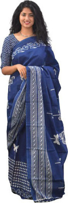 Tropwear Printed, Self Design, Digital Print, Hand Painted, Blocked Printed Ikkat Pure Cotton Saree(Blue)