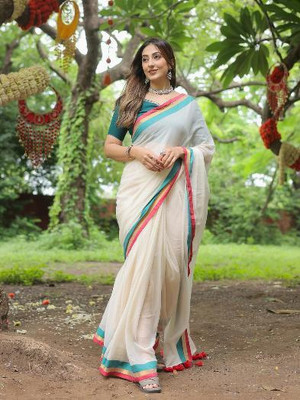 Lakshmi Boutique Solid/Plain Handloom Handloom Mulmul Saree(White)