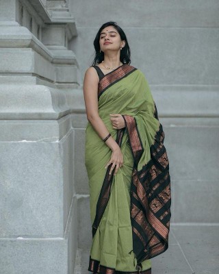 Niwaa Printed, Self Design, Embellished, Woven, Animal Print, Blocked Printed Bollywood Cotton Linen, Jacquard Saree(Green)