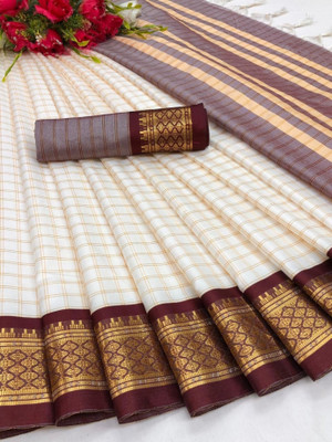 Bombey Velvat Fab Woven Venkatagiri Pure Silk, Cotton Silk Saree(White, Maroon)