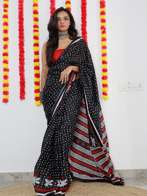 Divastri Printed Daily Wear Cotton Blend Saree(Black)