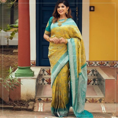 Divastri Woven Kanjivaram Pure Silk, Art Silk Saree(Yellow, Light Blue)