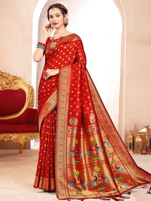 LeeliPeeri Designer Woven Kanjivaram Cotton Silk Saree(Red)
