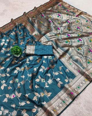 VILLA Woven, Self Design, Floral Print Banarasi Jacquard Saree(Light Blue)
