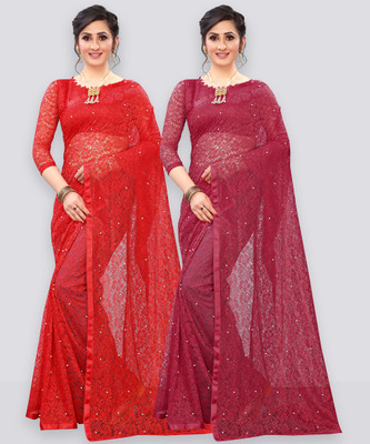 LOROFY Self Design Bollywood Net Saree(Pack of 2, Red, Maroon)