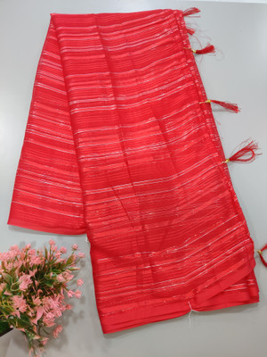 Vragi Striped Daily Wear Chiffon Saree(Red)