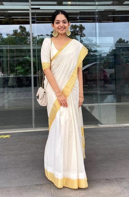 KHODIYAR TRENDZ Solid/Plain Kasavu Cotton Blend Saree(White, Gold)