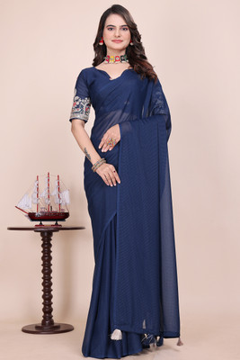 niesha fashion Embroidered, Solid/Plain Bollywood Chiffon Saree(Dark Blue)