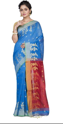 ADbutiq Self Design Tant Handloom Cotton Blend Saree(Blue)