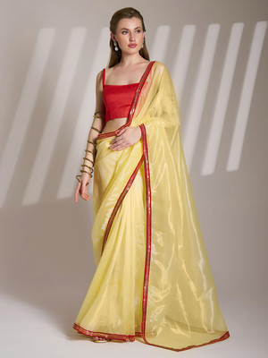 Kalista Embellished, Solid/Plain Bollywood Net Saree(Yellow, Red)