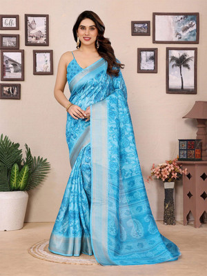 Moda Rapido Printed Bollywood Cotton Blend Saree(Blue)