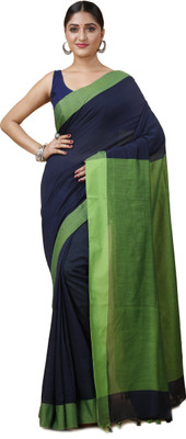 SRILOK Color Block Handloom Cotton Blend Saree(Dark Blue)