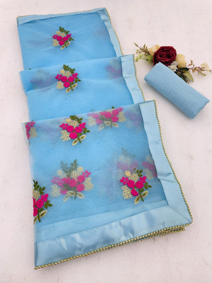 vallavi fashion Embroidered Bollywood Net Saree(Blue)