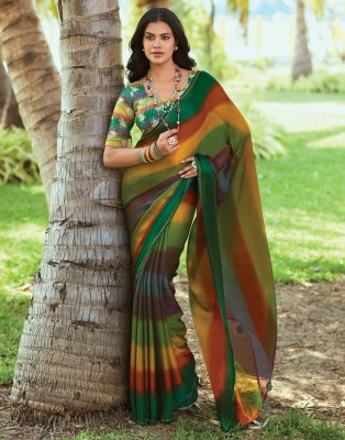 Samah Embellished, Printed Bollywood Chiffon Saree(Dark Green, Multicolor)