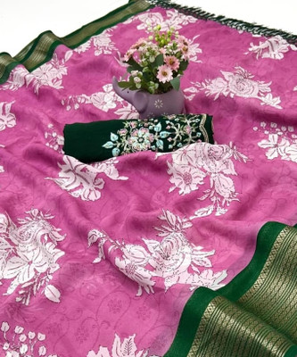 Leharifashions Floral Print Kota Doria Silk Blend Saree(Pack of 2, Dark Green, Pink)