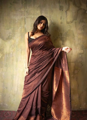 Madhav Creation Woven Banarasi Art Silk Saree(Brown)