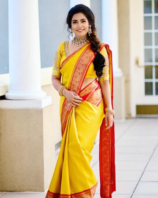 Anjaneya Sarees Self Design Banarasi Silk Blend Saree(Yellow)