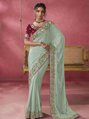 odette Embroidered Saree with Attached Blouse Georgette Saree(Pack of 2, Green, Red)