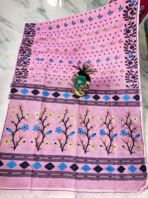 SAHA TEXTILE Floral Print, Geometric Print, Woven, Striped Jamdani Cotton Blend Saree(Pink)