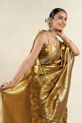 SUBHAM Woven, Embellished Banarasi Silk Blend Saree(Mustard, Gold)