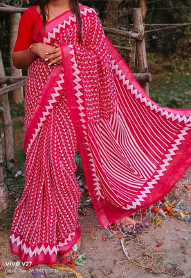 trogon Printed Handloom Cotton Linen Saree(Pink)