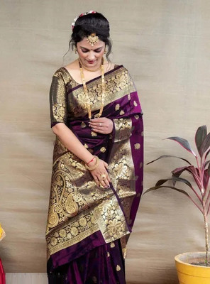 MUKHITA Embroidered Kanjivaram Silk Blend Saree(Purple)