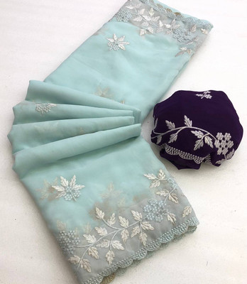 SILKORA Embroidered Bollywood Georgette Saree(Light Blue)