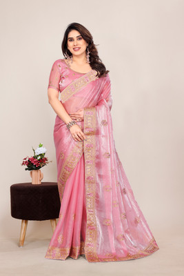 KHRITI FAB Embroidered Bollywood Jimmy choo Saree(Pink)