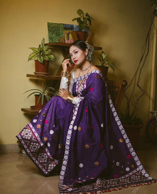 RuhMish Woven Mekhela Chador Silk Blend Saree(Magenta)