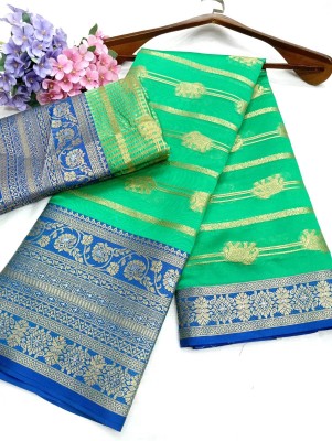 Mervadiya Self Design Kanjivaram Organza, Pure Silk Saree(Light Blue)