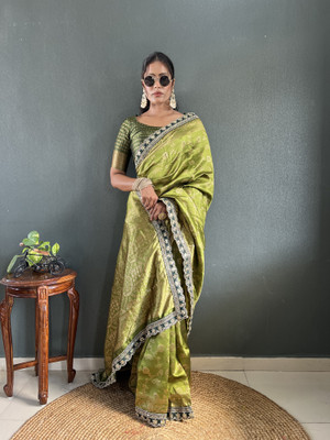 Varda Woven, Self Design Kanjivaram Cotton Silk Saree(Light Green)