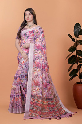 RASIFASHION Floral Print Chanderi Linen, Cotton Blend Saree(Multicolor)