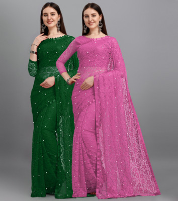 LOROFY Self Design Bollywood Net, Brasso Saree(Pack of 2, Multicolor)