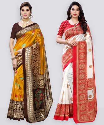 Samah Printed, Geometric Print, Floral Print Kanjivaram Cotton Silk Saree(Pack of 2, White, Yellow)