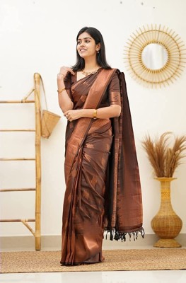 SPOTXY Self Design, Paisley, Woven Banarasi Pure Silk, Cotton Silk Saree(Brown)