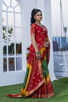 Kanooda Prints Printed Bandhani Georgette Saree(Multicolor)
