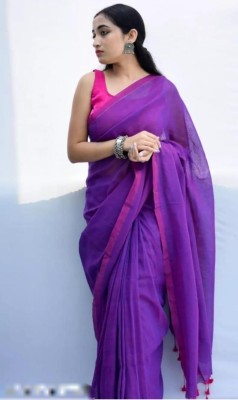 Koyel Solid/Plain Handloom Cotton Blend Saree(Purple)