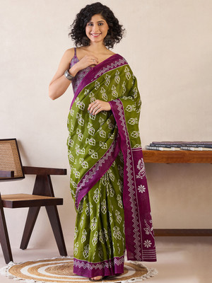 Divastri Printed Daily Wear Cotton Blend Saree(Green)