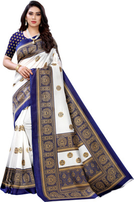 Samai Self Design Kalamkari Art Silk Saree(White, Blue)